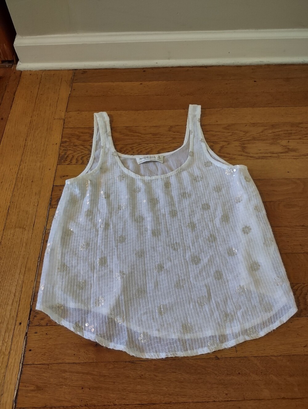 abercrombie & fitch white sheer tank silver polka dot sequin trim y2k xs